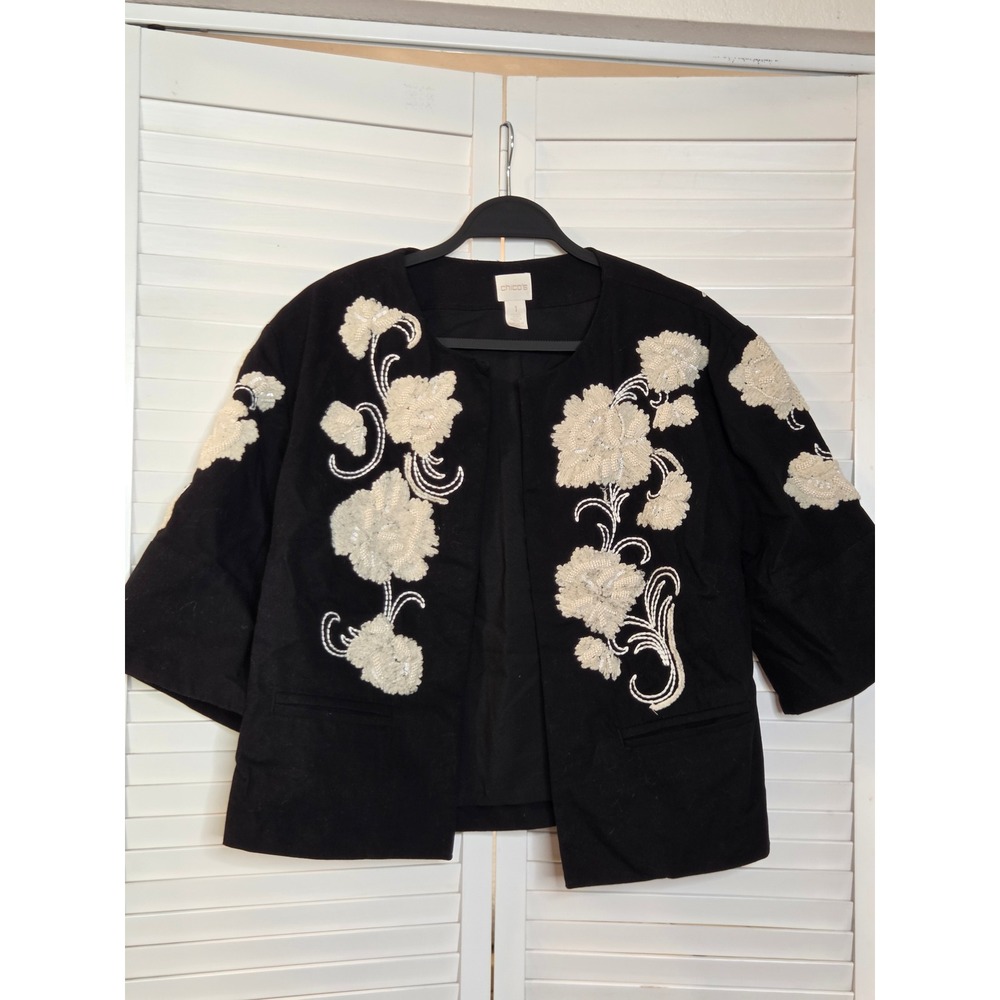 Chico's Embroidered Floral Beaded Open Front Jacket Size 1 Black Ivory Sequin